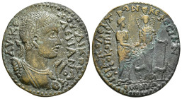 PHRYGIA. Hierapolis. Valerian I (253-260). Ae. Homonoia issue with Ephesus
Obv: AV KЄ ΠOY ΛIK OVAΛЄΡIANOC. Laureate and cuirassed bust right with aegi...