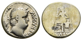 NERO (54-68). Denarius. Rome.
Obv: IMP NERO CAESAR AVGVSTVS.
Laureate head right.
Rev: SALVS.
Salus seated left on ornamented throne, holding patera. ...