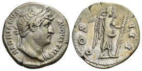 HADRIAN (117-138). Denarius. Rome.
Obv: HADRIANVS AVGVSTVS.
Laureate bust right, with slight drapery.
Rev: COS III.
Victory, naked to waist, standing ...