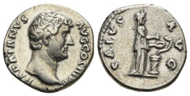 HADRIAN (117-138). Denarius. Rome.
Obv: HADRIANVS AVG COS III P P.
Bare head right.
Rev: SALVS AVG.
Salus standing right, holding patera and feeding s...