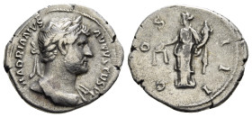 HADRIAN (117-138). Denarius. Uncertain eastern mint. Obv: HADRIANVS AVGVSTVS P P. Laureate head right. Rev: COS III. Aequitas standing left, holding s...