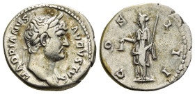 HADRIAN (117-138). Denarius. Rome.
Obv: HADRIANVS AVGVSTVS.
Laureate bust right, slight drapery on far shoulder.
Rev: COS III.
Libertas standing left,...