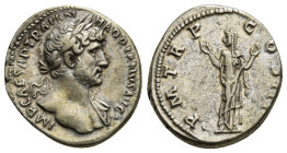 HADRIAN (117-138). Denarius. Rome.
Obv: IMP CAESAR TRAIAN HADRIANVS AVG.
Laureate bust right, with slight drapery.
Rev: P M TR P COS III.
Pietas stand...