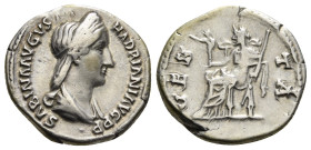 SABINA (Augusta, 128-137). Denarius. Rome.
Obv: SABINA AVGVSTA HADRIANI AVG P P.
Draped and diademed bust right.
Rev: VESTA.
Vesta seated left, holdin...