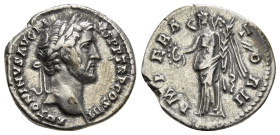 ANTONINUS PIUS (138-161). Denarius. Rome.
Obv: ANTONINVS AVG PIVS P P TR P COS III.
Laureate head right.
Rev: IMPERATOR II.
Victory standing left, hol...