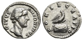 DIVUS ANTONINUS PIUS (Died 161). Denarius. Rome. Struck under Marcus Aurelius.
Obv: DIVVS ANTONINVS.
Bare head right.
Rev: CONSECRATIO.
Eagle, wit...