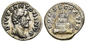 DIVUS ANTONINUS PIUS (Died 161). Denarius. Rome. Struck under Marcus Aurelius.
Obv: DIVVS ANTONINVS.
Bare head right.
Rev: CONSECRATIO.
Garlanded four...