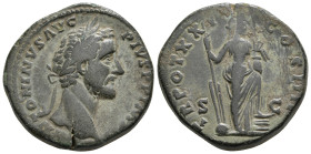 ANTONINUS PIUS (138-161). Sestertius. Rome.
Obv: ANTONINVS AVG PIVS P P IMP II.
Laureate bust right, with slight drapery.
Rev: TR POT XX COS IIII / S ...