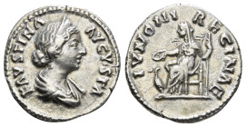 FAUSTINA II (Augusta, 147-176). Denarius. Rome.
Obv: FAVSTINA AVGVSTA.
Diademed and draped bust right.
Rev: IVNONI REGINAE.
Juno seated left, holding ...