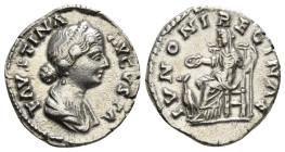 FAUSTINA II (Augusta, 147-176). Denarius. Rome.
Obv: FAVSTINA AVGVSTA.
Diademed and draped bust right.
Rev: IVNONI REGINAE.
Juno seated left, holding ...