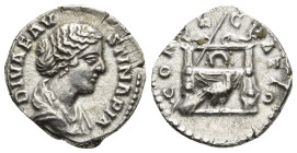 DIVA FAUSTINA II (Died 175/6). Denarius. Rome.
Obv: DIVA FAVSTINA PIA.
Draped bust right.
Rev: CONSECRATIO.
Draped throne against which a sceptre is p...