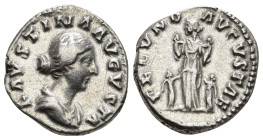 FAUSTINA II (147-176). Denarius. Rome.
Obv: FAVSTINA AVGVSTA.
Draped bust right.
Rev: FECVND AVGVSTAE.
Fecunditas standing left, holding an infant on ...