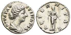 DIVA FAUSTINA II (Died 176). Denarius. Rome.
Obv: DIVA FAVSTINA PIA.
Draped bust right.
Rev: AETERNITAS.
Aeternitas standing facing, head left, drawin...