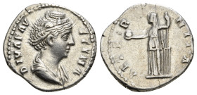 FAUSTINA I (Augusta, 138-140). Denarius. Rome.
Obv: DIVA AVG FAVSTINA.
Draped bust right.
Rev: AETERNITAS.
Aeternitas standing left, holding globe and...
