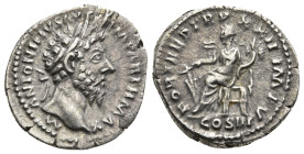 MARCUS AURELIUS (161-180). Denarius. Rome.
Obv: M ANTONINVS AVG ARM PARTH MAX.
Laureate head right.
Rev: FORT RED TR P XXII IMP V / COS III.
Fortuna s...