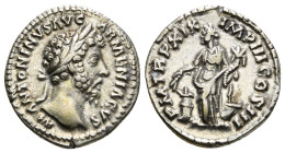 MARCUS AURELIUS (161-180). Denarius. Rome.
Obv: M ANTONINVS AVG ARMENIACVS.
Laureate head right.
Rev: P M TR P XIX IMP III COS III.
Annona standing le...