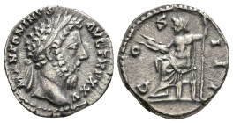 MARCUS AURELIUS (161-180). Denarius. Rome.
Obv: M ANTONINVS AVG TR P XXV.
Laureate head right.
Rev: COS III.
Jupiter seated left, holding thunderbolt ...