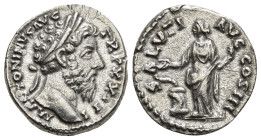 MARCUS AURELIUS (161-180). Denarius. Rome.
Obv: M ANTONINVS AVG TR P XXIII.
Laureate head right.
Rev: SALVTI AVG COS III.
Salus standing left, holding...