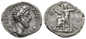 MARCUS AURELIUS (161-180). Denarius. Rome.
Obv: M ANTONINVS AVG TR P XXV.
Laureate head right.
Rev: COS III.
Jupiter seated left, holding thunderbolt ...