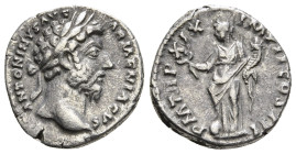 MARCUS AURELIUS (161-180). Denarius. Rome.
Obv: ANTONINVS AVG ARMENIACVS.
Laureate head right.
Rev: P M TR P XIX IMP II COS III.
Felicitas standing le...
