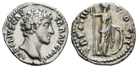 MARCUS AURELIUS (Caesar, 139-161). Denarius. Rome.
Obv: AVRELIVS CAESAR AVG PII F.
Bare head right.
Rev: TR POT III COS II.
Minerva standing right, ho...