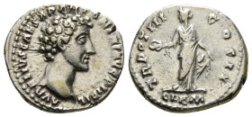 MARCUS AURELIUS (Caesar, 139-161). Denarius. Rome.
Obv: AVRELIVS CAESAR ANTONINI AVG PII FIL.
Bare head right.
Rev: TR POT III COS II / CLEM.
Clementi...