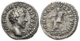 MARCUS AURELIUS (161-180). Denarius. Rome.
Obv: IMP M AVREL ANTONINVS AVG.
Laureate bust right, slight drapery.
Rev: CONCORD AVG TR P XV / COS III.
Co...