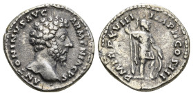 MARCUS AURELIUS (161-180). Denarius. Rome.
Obv: ANTONINVS AVG ARMENIACVS.
Laureate head right.
Rev: P M TR P XVIII IMP II COS III.
Mars standing right...