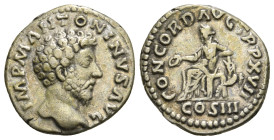 MARCUS AURELIUS (161-180). Denarius. Rome.
Obv: IMP M AVREL ANTONINVS AVG.
Laureate bust right, slight drapery.
Rev: CONCORD AVG TR P XV / COS III.
Co...