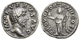 LUCIUS VERUS (161-169). Denarius. Rome.
Obv: IMP L AVREL VERVS AVG.
Bare head right.
Rev: PROV DEOR TR P COS II.
Providentia standing left, holding gl...