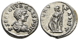 GETA (Caesar, 198-209). Denarius. Laodicea ad Mare.
Obv: P SEPTIMIVS GETA CAES.
Bareheaded, draped and cuirassed bust right.
Rev: MINERV SANCT.
Minerv...