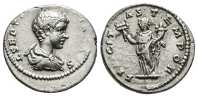 GETA (Caesar, 198-209). Denarius. Laodicea ad Mare.
Obv: L SEPTIMIVS GETA CAES.
Bareheaded and draped bust right.
Rev: FELICITAS TEMPOR.
Felicitas sta...