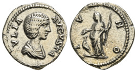 JULIA DOMNA (Augusta, 193-217). Denarius. Rome.
Obv: IVLIA AVGVSTA.
Draped bust right.
Rev: IVNO.
Juno standing left, holding patera and sceptre; ...