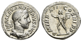 SEVERUS ALEXANDER (222-235). Denarius. Rome.
Obv: IMP ALEXANDER PIVS AVG.
Laureate, draped and cuirassed bust right.
Rev: P M TR P XIII COS III P P.
S...
