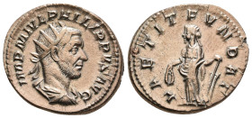PHILIP I 'THE ARAB' (244-249). Antoninianus. Rome.
Obv: IMP M IVL PHIIPPVS AVG.
Radiate, draped and cuirassed bust right.
Rev: LAETIT FVNDAT.
Laetitia...