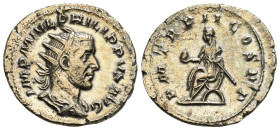 PHILIP I 'THE ARAB' (244-249). Antoninianus. Rome.
Obv: IMP M IVL PHILIPPVS AVG.
Radiate, draped and cuirassed bust right.
Rev: P M TR P II COS P P...