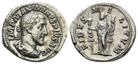 MAXIMINUS THRAX (235-238). Denarius. Rome.
Obv: IMP MAXIMINVS PIVS AVG.
Laureate, draped and cuirassed bust right.
Rev: FIDES MILITVM.
Fides standing ...