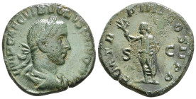 VOLUSIAN Æ Sestertius. Rome, AD 251-253. IMP CAE [C VIB] VOLVS[IANO AVG], laureate and draped bust right / [P M T]R P II[II C]OS II P P, emperor stand...