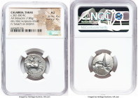 CALABRIA. Tarentum. Ca. 302-280 BC. AR didrachm (22mm, 7.89 gm, 9h). NGC AU 4/5 - 4/5. Ca. 315-300 BC. Si- and Lycon, magistrates. Nude warrior on hor...