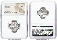 CALABRIA. Tarentum. Ca. 302-280 BC. AR didrachm (21mm, 5h). NGC XF. Ca. 302-280 BC. Cratinus, Ago-, and Xor-, magistrates. Nude youth on horse steppin...