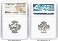 CALABRIA. Tarentum. Ca. 302-280 BC. AR didrachm (20mm, 11h). NGC Choice VF. Ca. 315-300 BC. Sa- and Ar-, magistrates. Nude warrior on horse rearing ri...