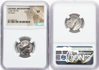 LUCANIA. Metapontum. Ca. 340-330 BC. AR stater (19mm, 7h). NGC VF. Head of Demeter right, wearing barley wreath, pendant earring, and necklace / META,...