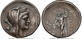 BRUTTIUM. The Brettii. Ca. 216-214 BC. AR drachm (20mm, 4.84 gm, 6h). NGC Choice VF 4/5 - 3/5. Second Punic War issue. Head of Hera right, veiled and ...