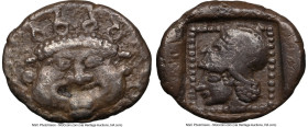 LESBOS. Methymna. Ca. 500-450 BC. AR diobol (12mm, 1.33 gm, 6h). NGC VF 5/5 - 2/5. Head of gorgoneion facing with open mouth and protruding tongue / H...