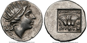 CARIAN ISLANDS. Rhodes. Ca. 88-84 BC. AR drachm (15mm, 11h). NGC VF. Plinthophoric standard, Menodorus, magistrate. Radiate head of Helios right / MHN...