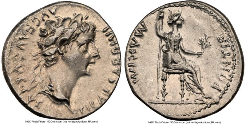 Tiberius (AD 14-37). AR denarius (18mm, 3.78 gm, 11h). NGC Choice XF 4/5 - 3/5, ...