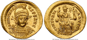 Honorius, Western Roman Empire (AD 393-423). AV solidus (21mm, 4.34 gm, 12h). NGC XF 5/5 - 2/5, graffiti. Constantinople, 9th officina, ca. AD 397-402...