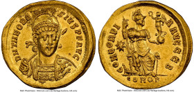 Theodosius II, Eastern Roman Empire (AD 402-450). AV solidus (21mm, 4.45 gm, 7h). NGC Choice AU 5/5 - 3/5, brushed. Constantinople, 2nd officina, ca. ...