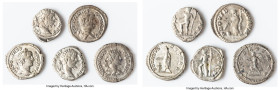 ANCIENT LOTS. Roman Imperial. Lot of five (5) AR denarii. Fine-Choice Fine. Includes: Five Roman Imperial AR denarii, various emperors and types. SOLD...