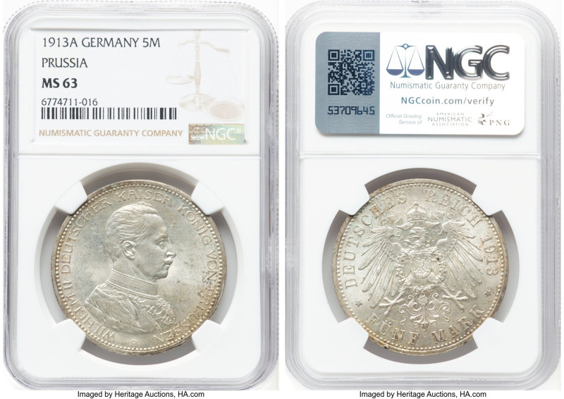 Prussia. Wilhelm II 5 Mark 1913-A MS63 NGC, Berlin mint, KM536, J-114. HID098012...